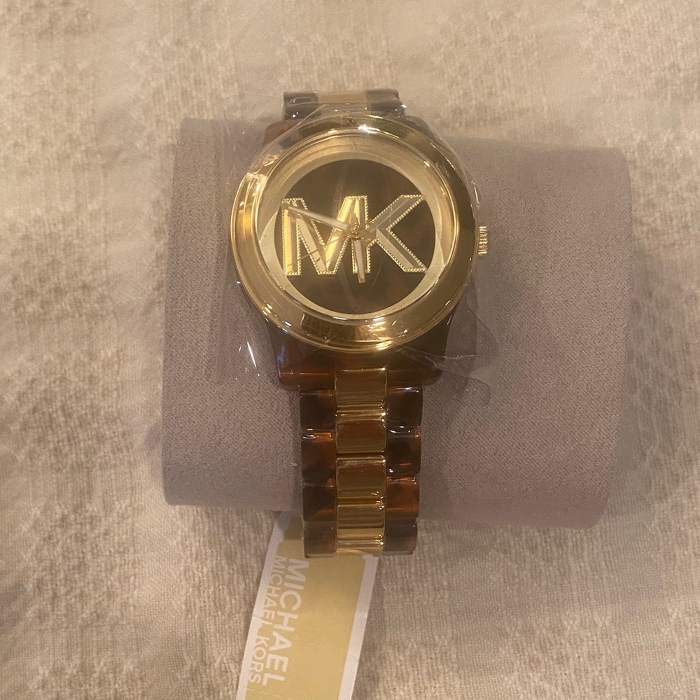 NEW Michael Kors runway gold-tone and tortoiseshell acetate ladies watch MK 7354